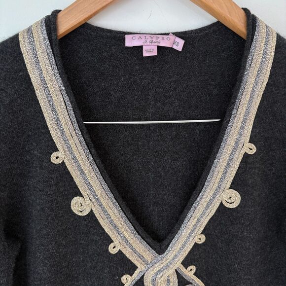 Calypso St. Barth Gray Metallic Ribbon Embroidered Cashmere Bell Sleeve Dress XS - Picture 4 of 11